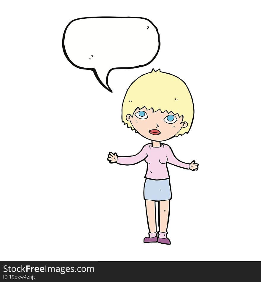 cartoon woman shrugging  with speech bubble