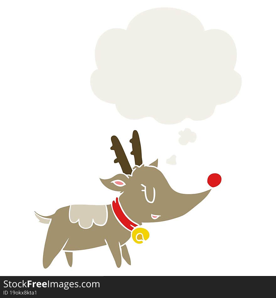 cartoon christmas reindeer with thought bubble in retro style