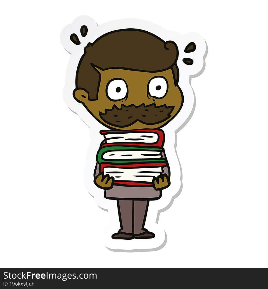 sticker of a cartoon man with mustache and books