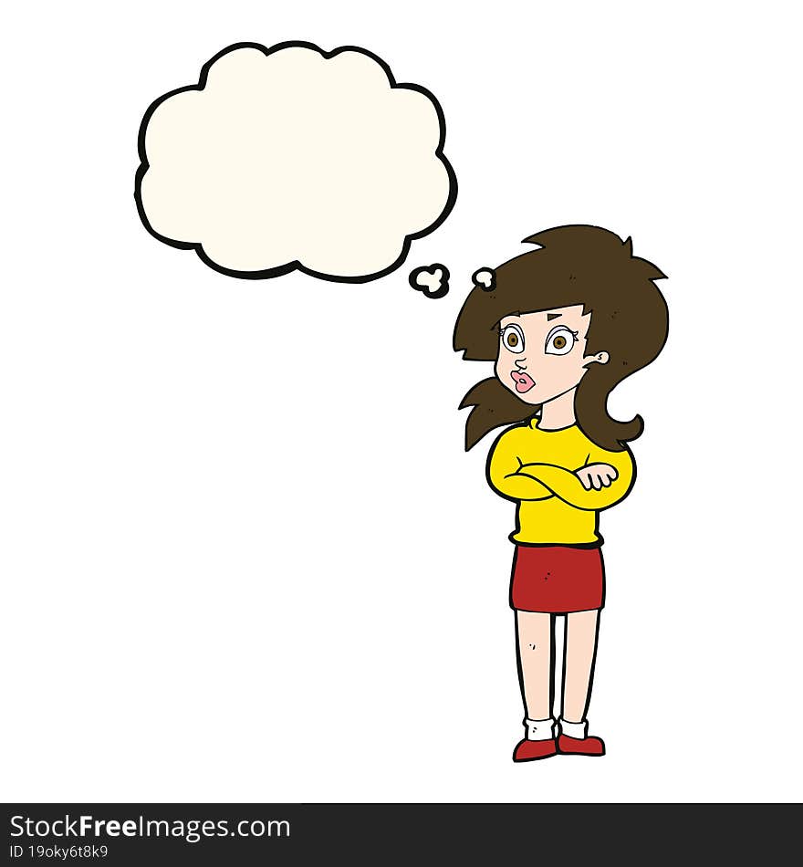 cartoon woman with folded arms with thought bubble