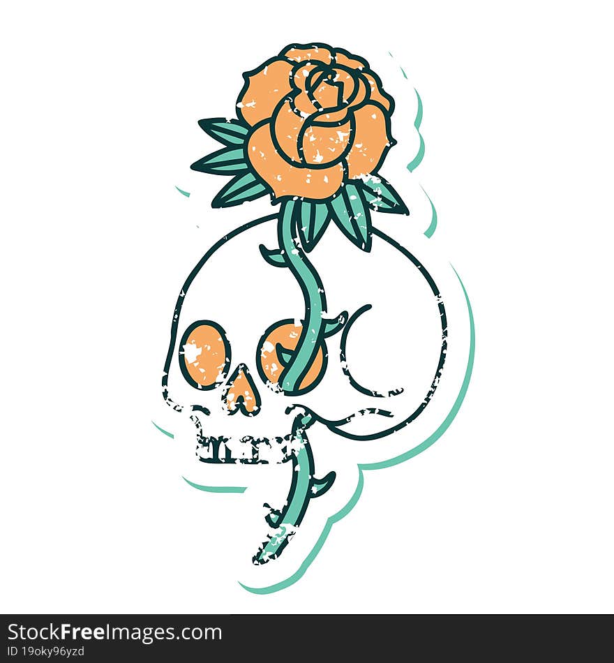 iconic distressed sticker tattoo style image of a skull and rose. iconic distressed sticker tattoo style image of a skull and rose