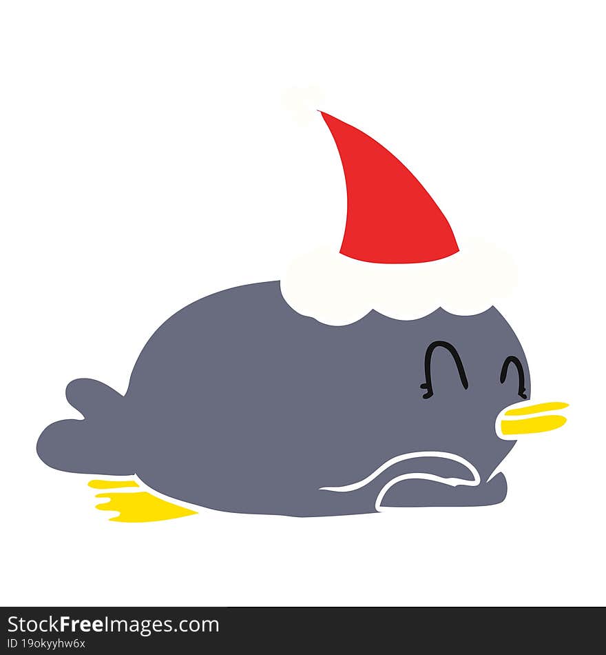 Penguin Lying On Belly Wearing Santa Hat