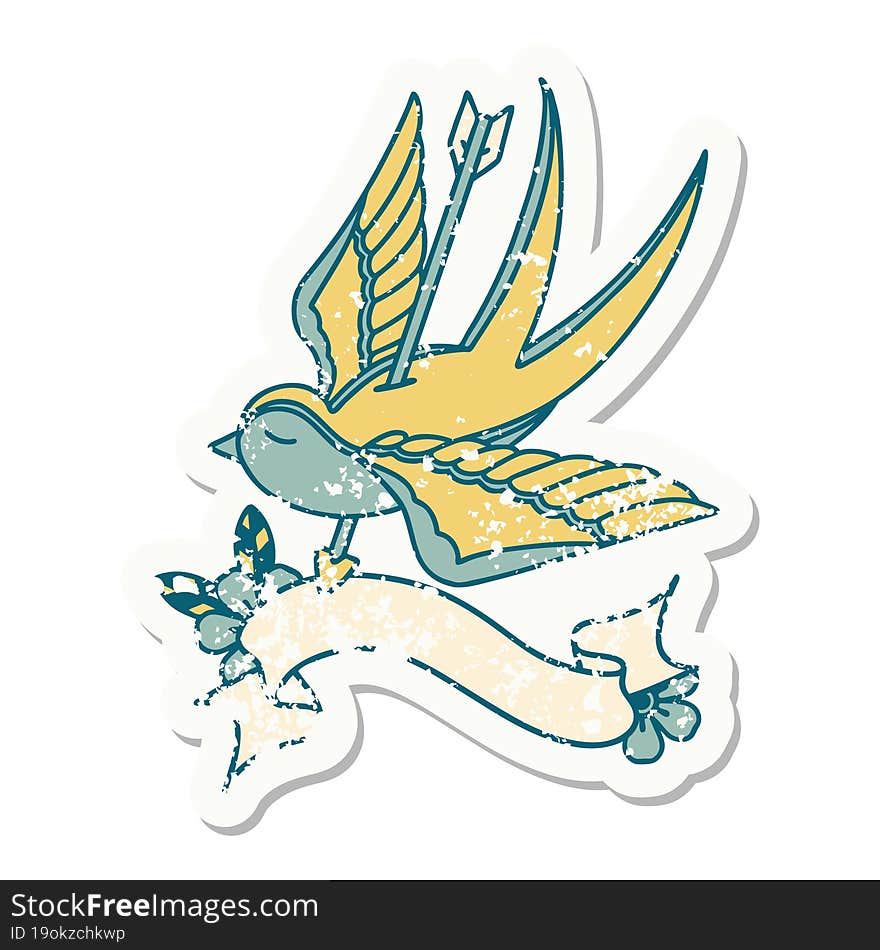 grunge sticker with banner of a swallow pieced by arrow