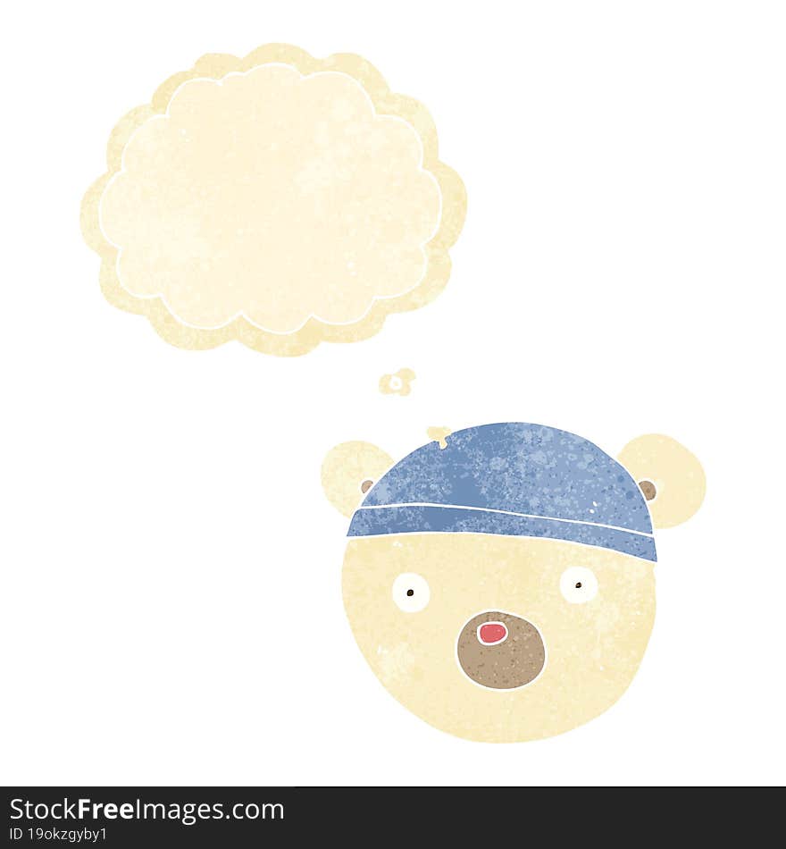 cartoon polar bear cub wearing hat with thought bubble