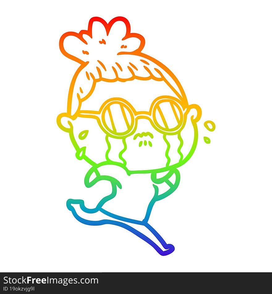 rainbow gradient line drawing cartoon crying woman wearing spectacles