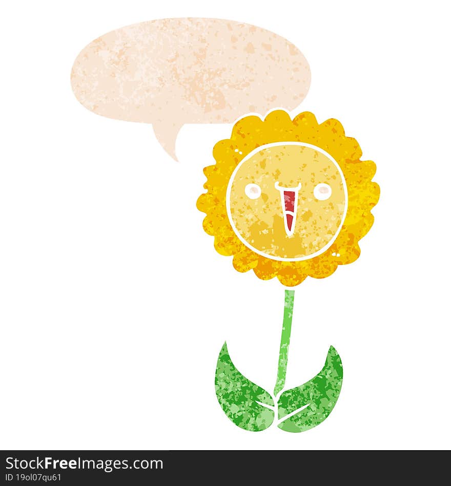 cartoon flower and speech bubble in retro textured style