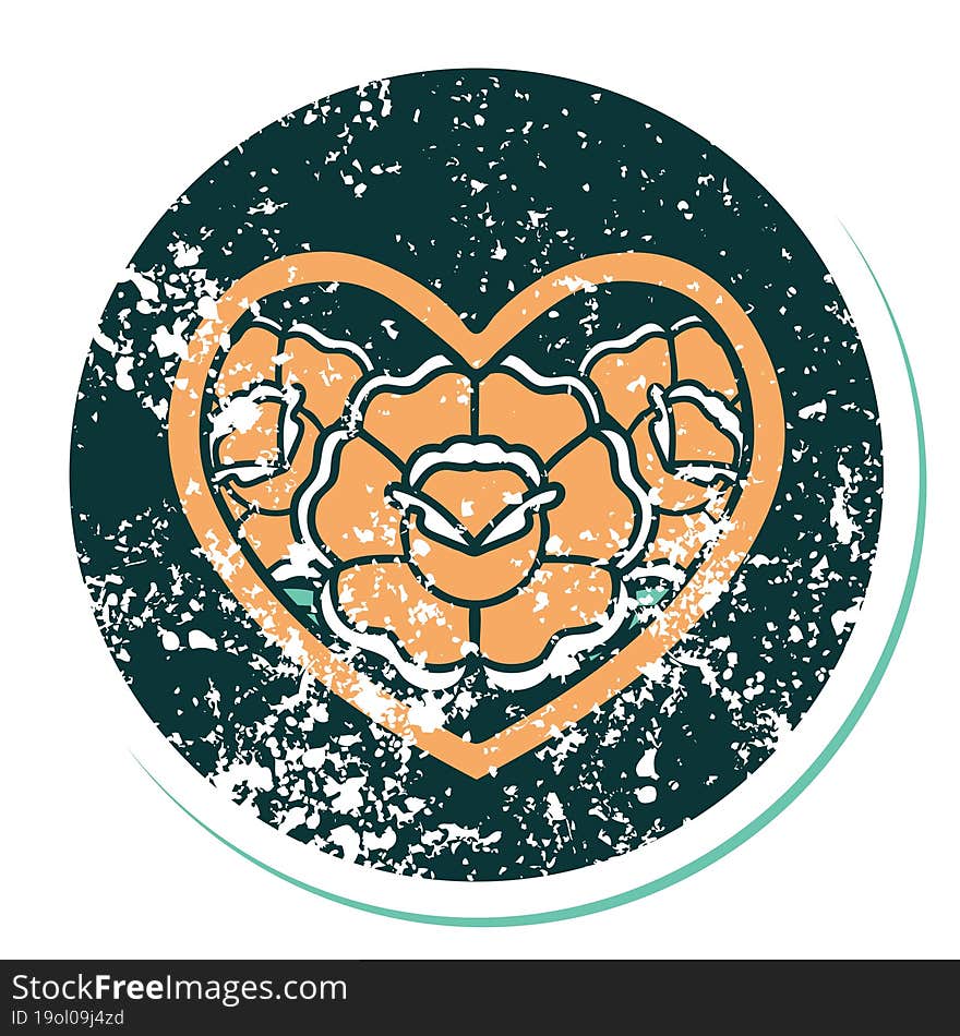 Distressed Sticker Tattoo Style Icon Of A Heart And Flowers