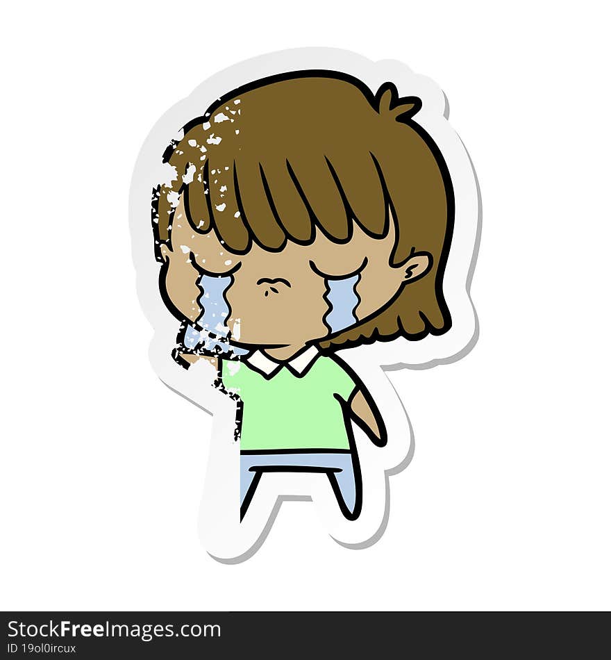 distressed sticker of a cartoon woman crying