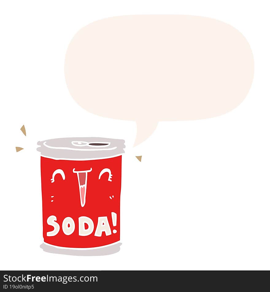 cartoon soda can and speech bubble in retro style