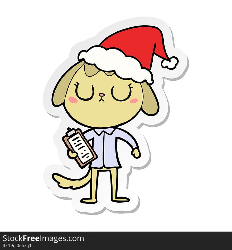 cute hand drawn sticker cartoon of a dog wearing office shirt wearing santa hat