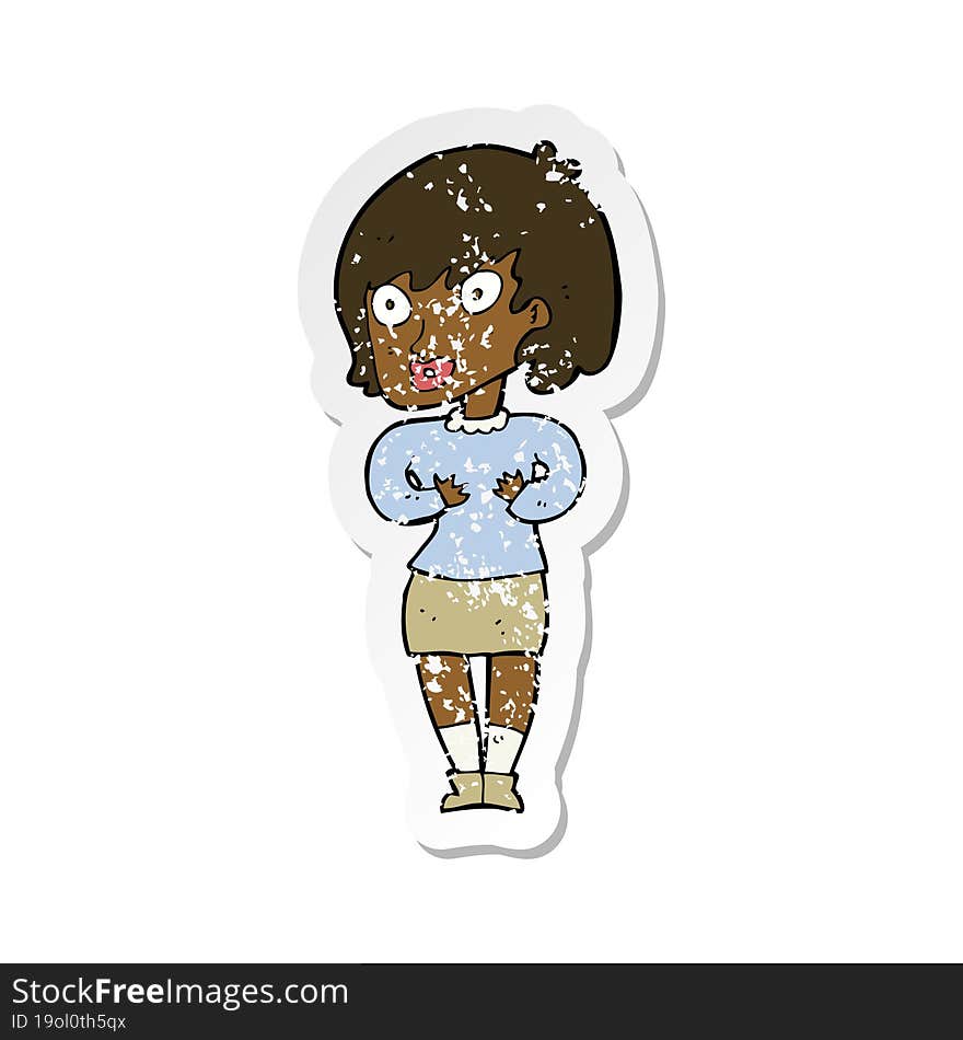 retro distressed sticker of a cartoon woman making Who Me gesture