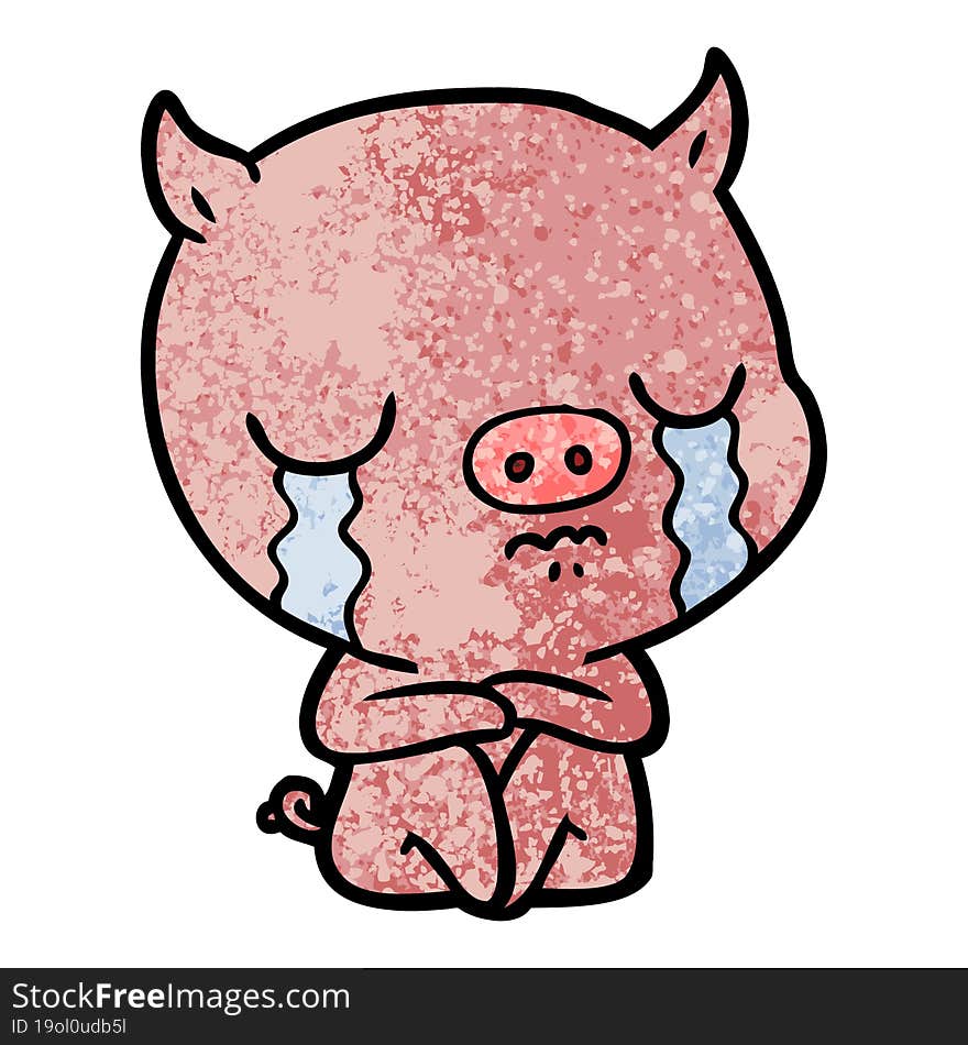 cartoon sitting pig crying. cartoon sitting pig crying