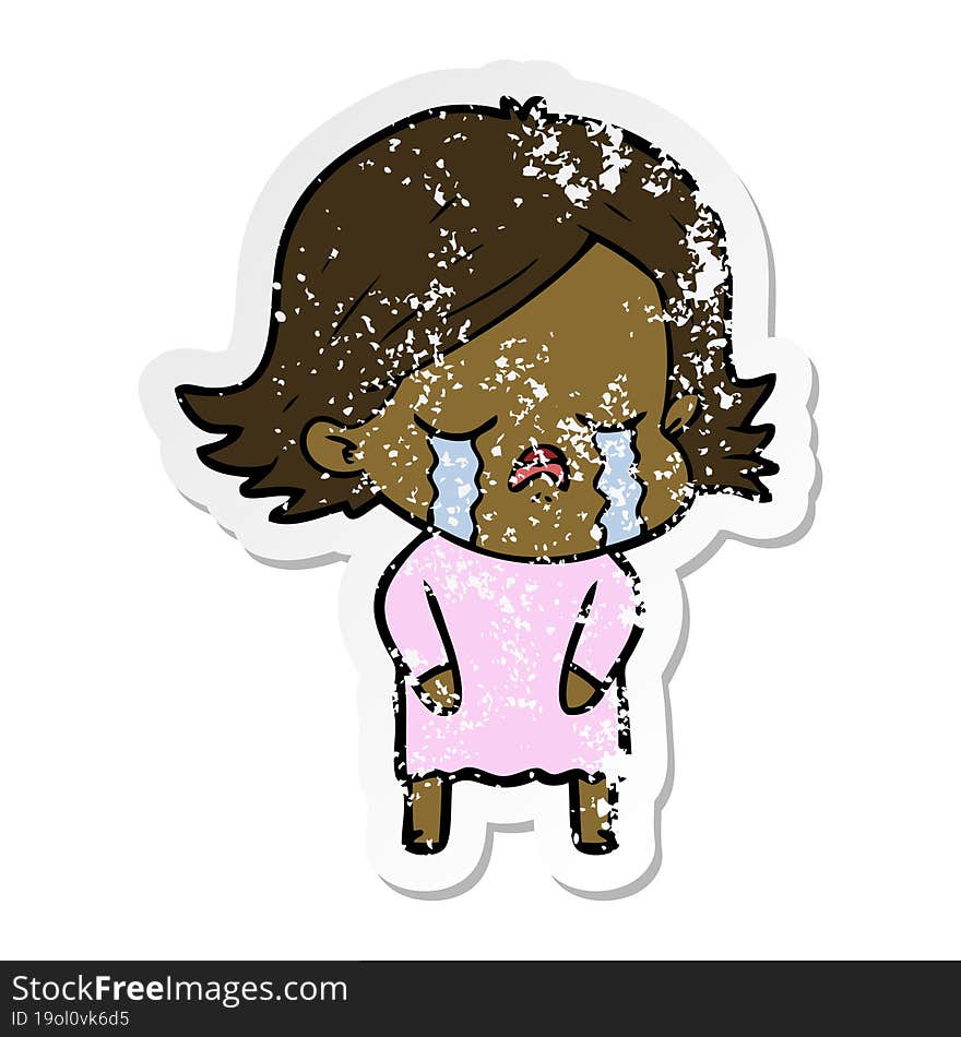 distressed sticker of a cartoon girl crying