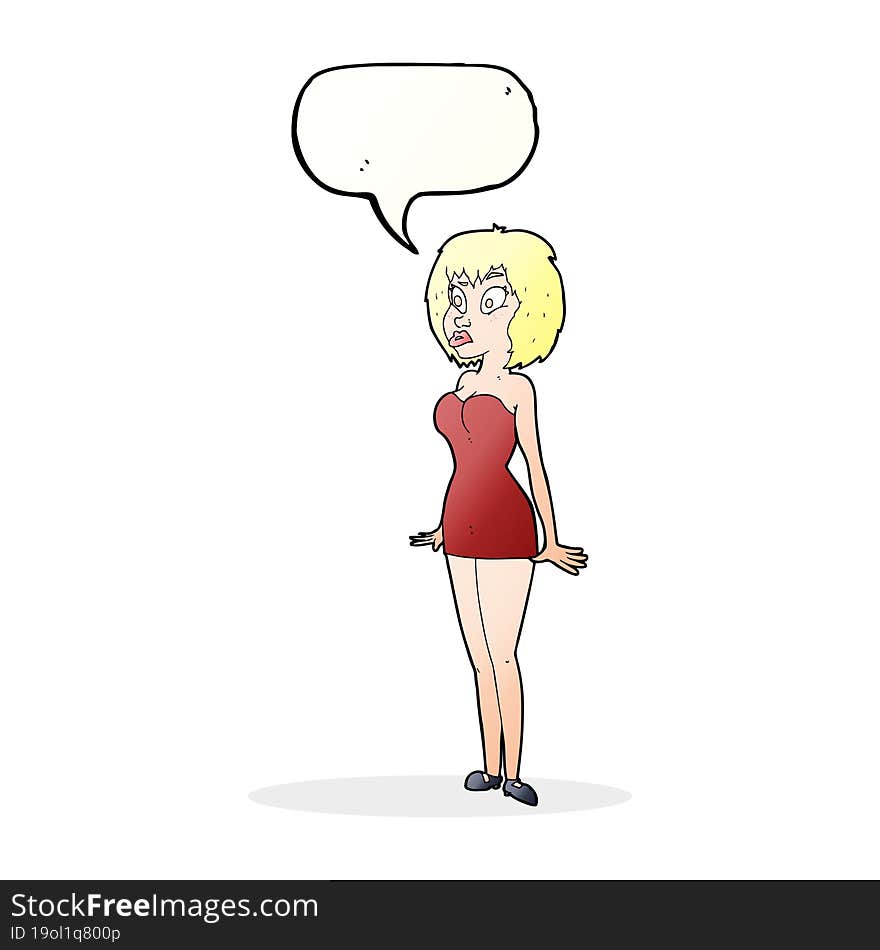 cartoon surprised woman in short dress with speech bubble