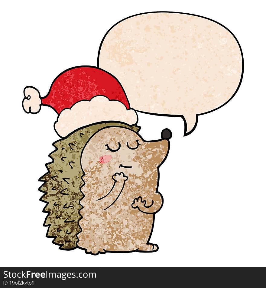 cartoon hedgehog wearing christmas hat and speech bubble in retro texture style