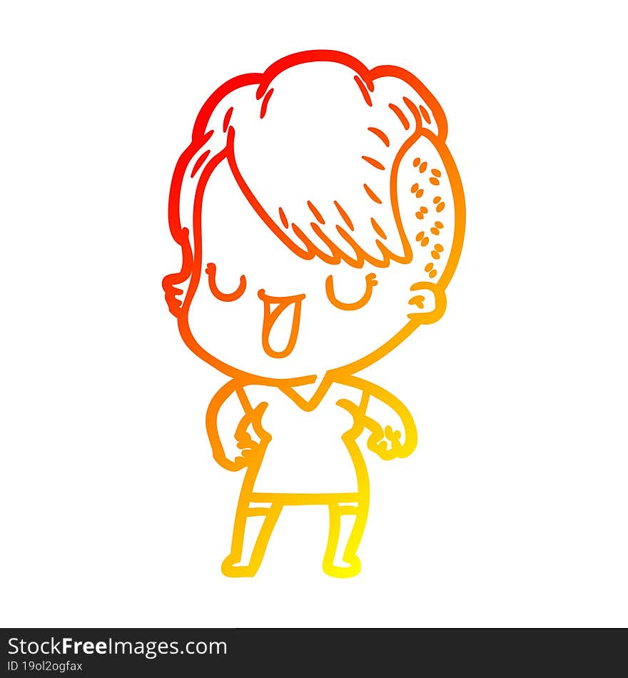 warm gradient line drawing of a cute cartoon girl with hipster haircut