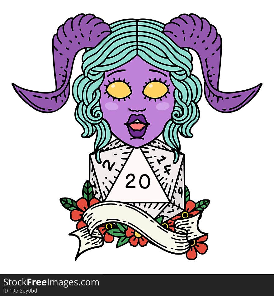 Retro Tattoo Style tiefling with natural twenty dice roll. Retro Tattoo Style tiefling with natural twenty dice roll