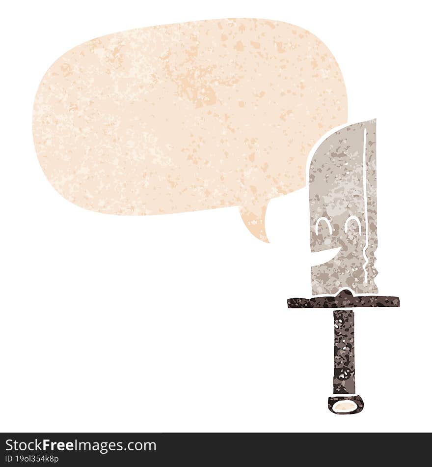 cartoon knife and speech bubble in retro textured style