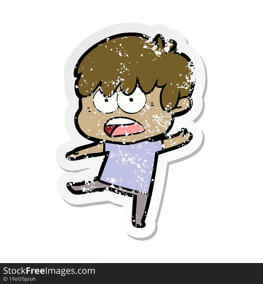 distressed sticker of a worried cartoon boy