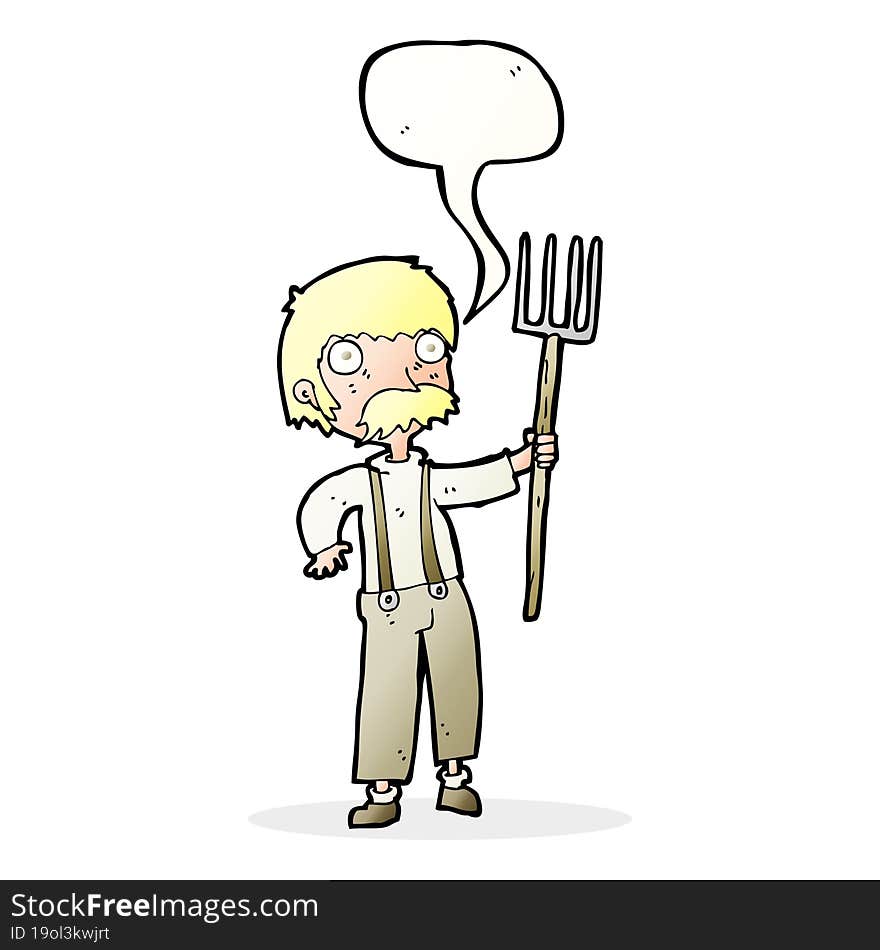 Cartoon Farmer With Pitchfork With Speech Bubble