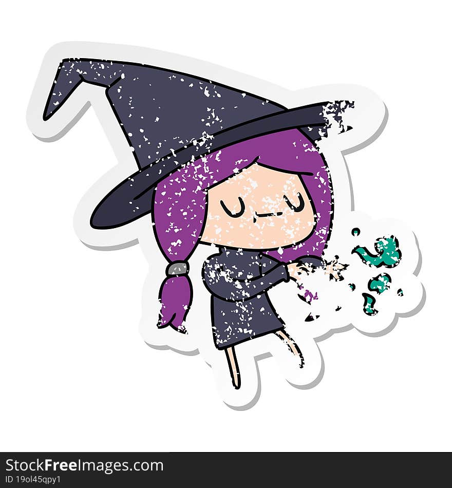 freehand drawn distressed sticker cartoon of cute kawaii witch