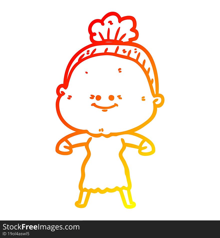 warm gradient line drawing of a cartoon happy old woman