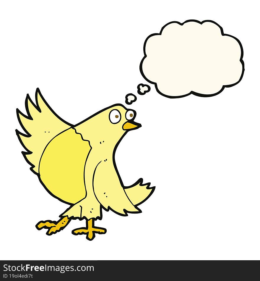 cartoon dancing bird with thought bubble