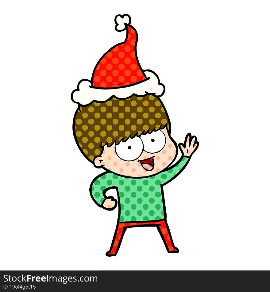 happy comic book style illustration of a boy wearing santa hat