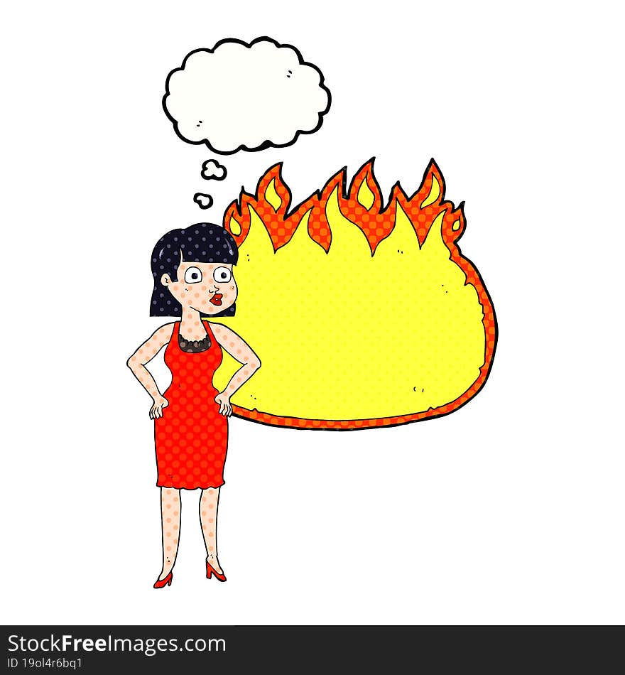 thought bubble cartoon woman in dress with hands on hips and flame banner