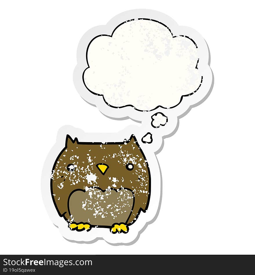 cute cartoon owl and thought bubble as a distressed worn sticker