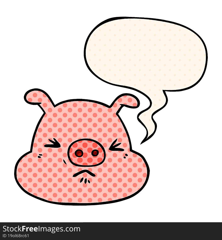 cartoon angry pig face and speech bubble in comic book style