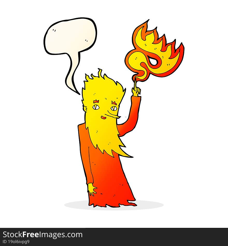 cartoon fire spirit with speech bubble