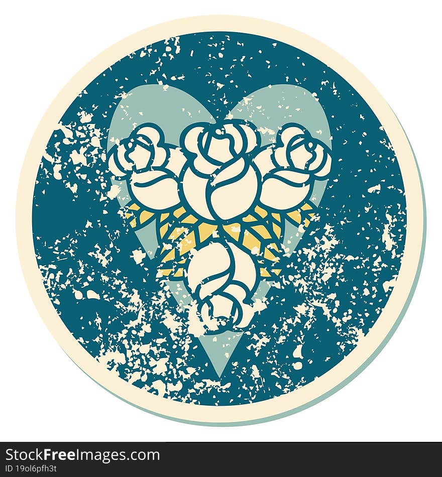 iconic distressed sticker tattoo style image of a heart and flowers. iconic distressed sticker tattoo style image of a heart and flowers