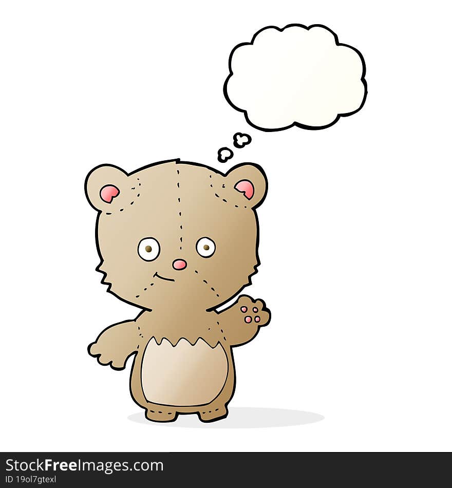 cartoon teddy bear waving with thought bubble