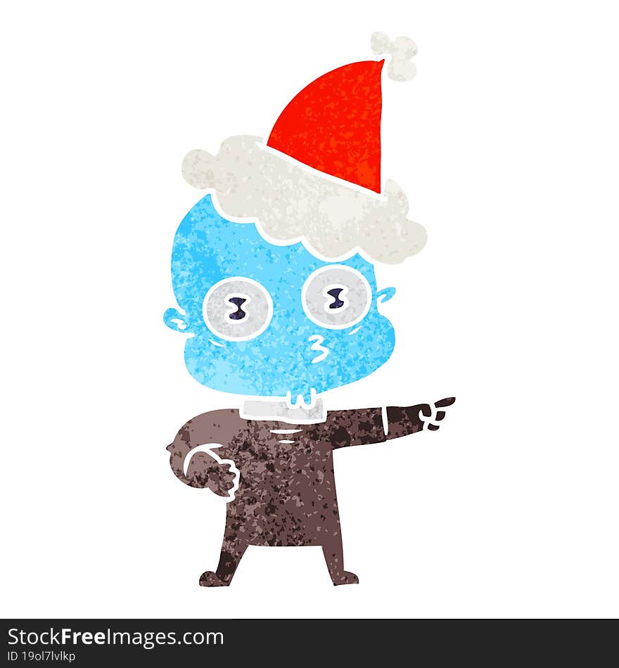 Retro Cartoon Of A Weird Bald Spaceman Wearing Santa Hat