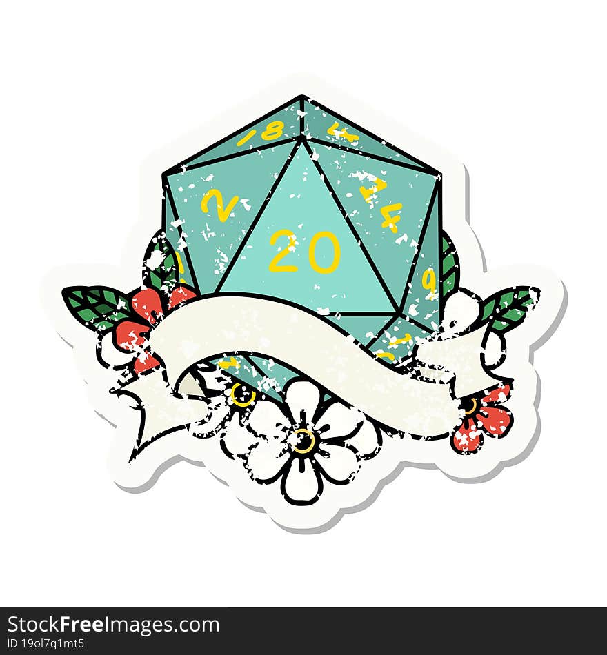 natural twenty D20 dice roll grunge sticker