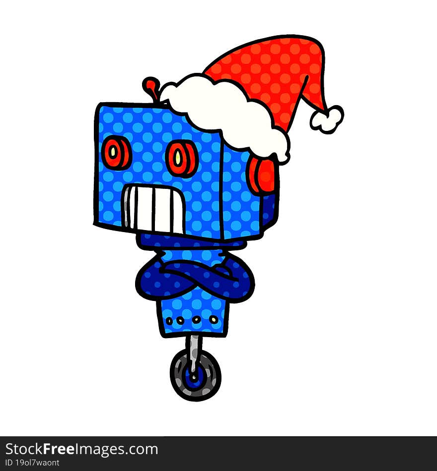 Comic Book Style Illustration Of A Robot Wearing Santa Hat