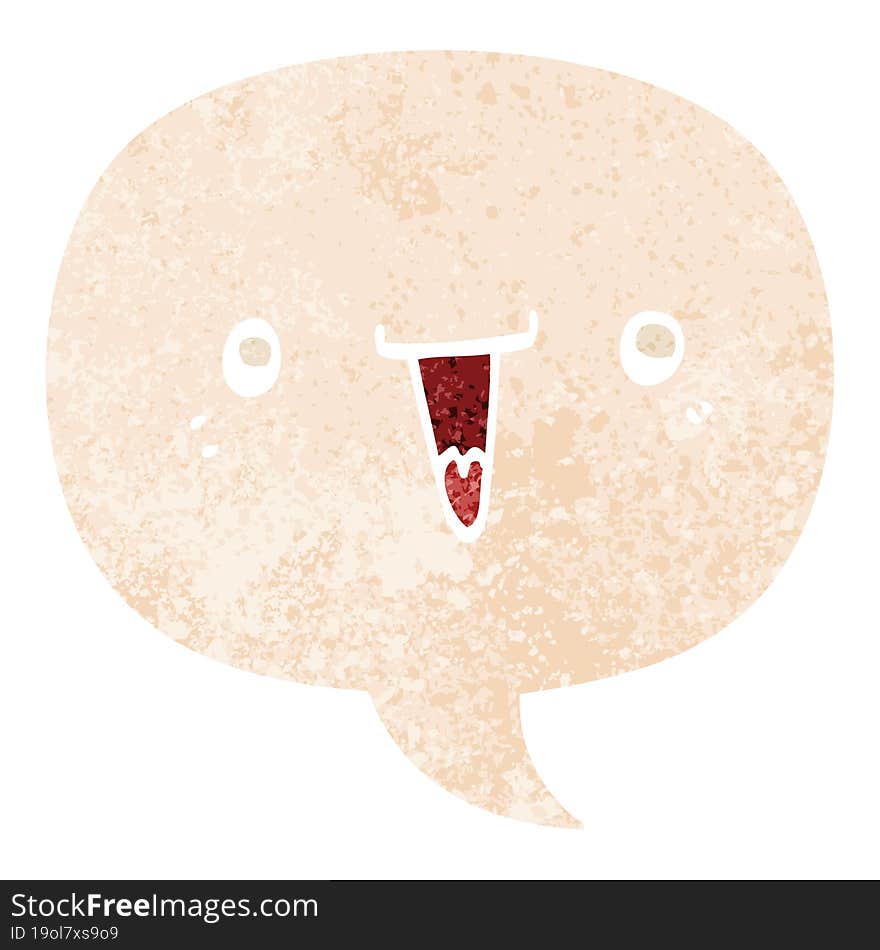 cute cartoon face with speech bubble in grunge distressed retro textured style. cute cartoon face with speech bubble in grunge distressed retro textured style