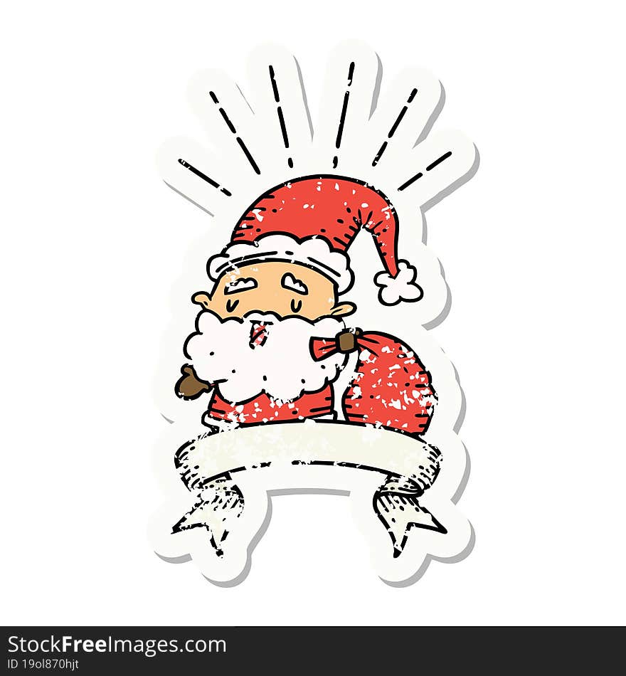 grunge sticker of tattoo style santa claus christmas character with sack