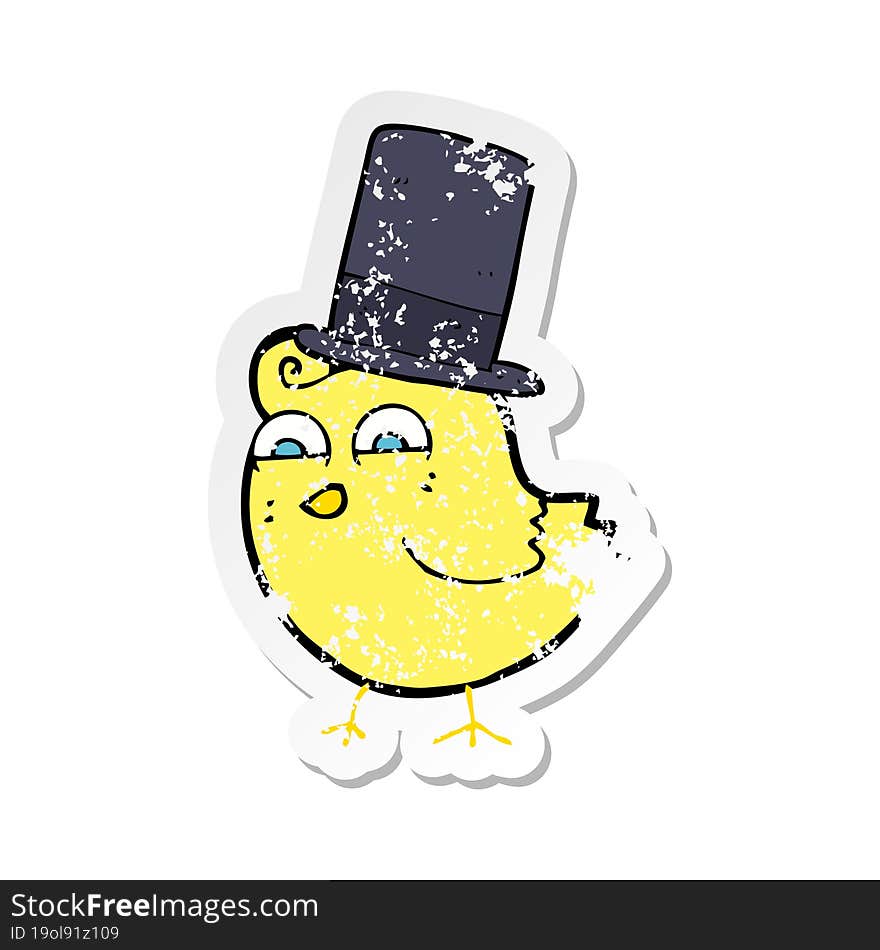 retro distressed sticker of a cartoon bird wearing top hat