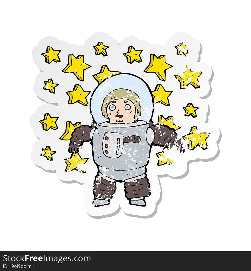 retro distressed sticker of a cartoon astronaut