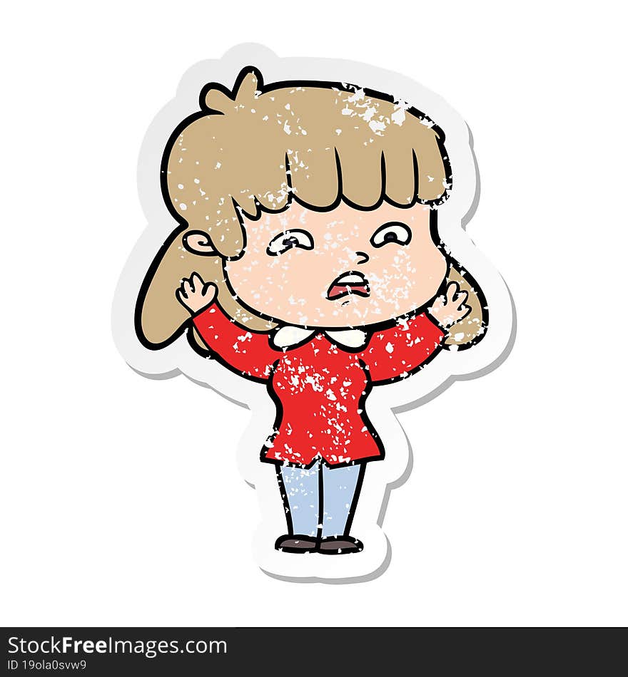 distressed sticker of a cartoon worried woman