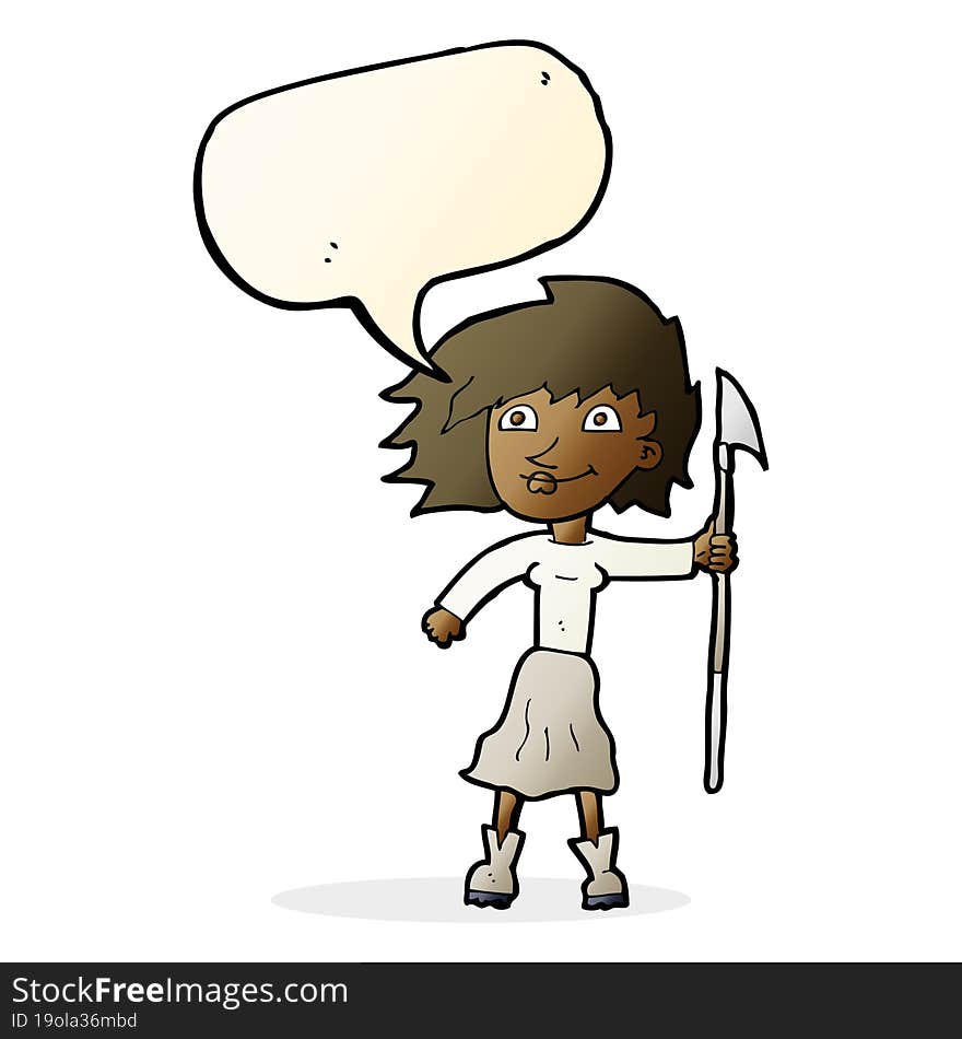 cartoon woman with spear with speech bubble