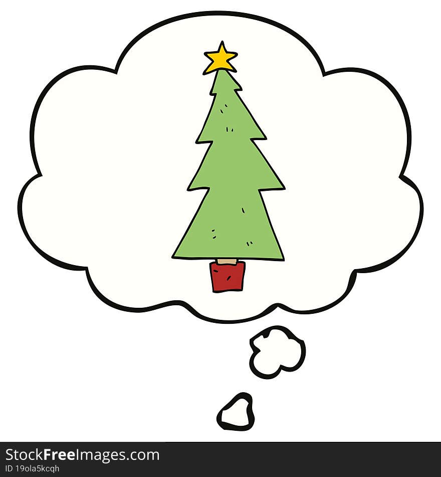 cartoon christmas tree with thought bubble. cartoon christmas tree with thought bubble