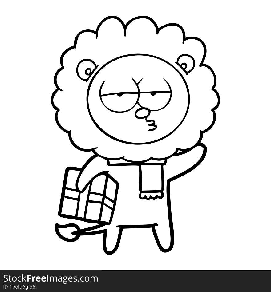 cartoon tired lion with gift. cartoon tired lion with gift