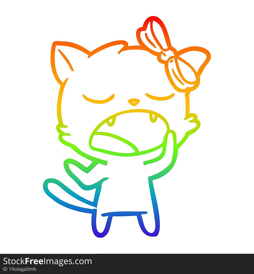 rainbow gradient line drawing of a cartoon yawning cat