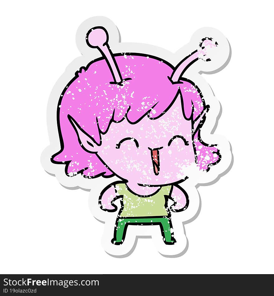 distressed sticker of a cartoon alien girl laughing