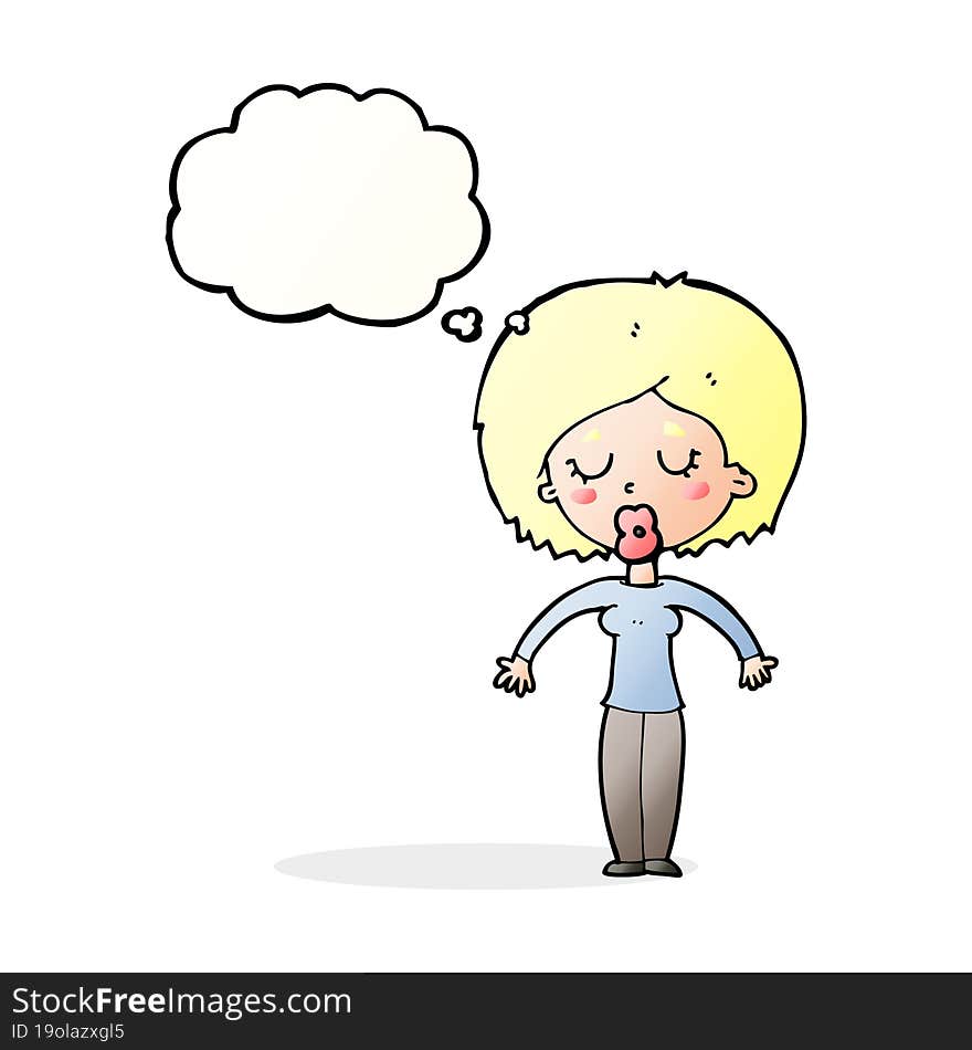 cartoon woman with closed eyes with thought bubble