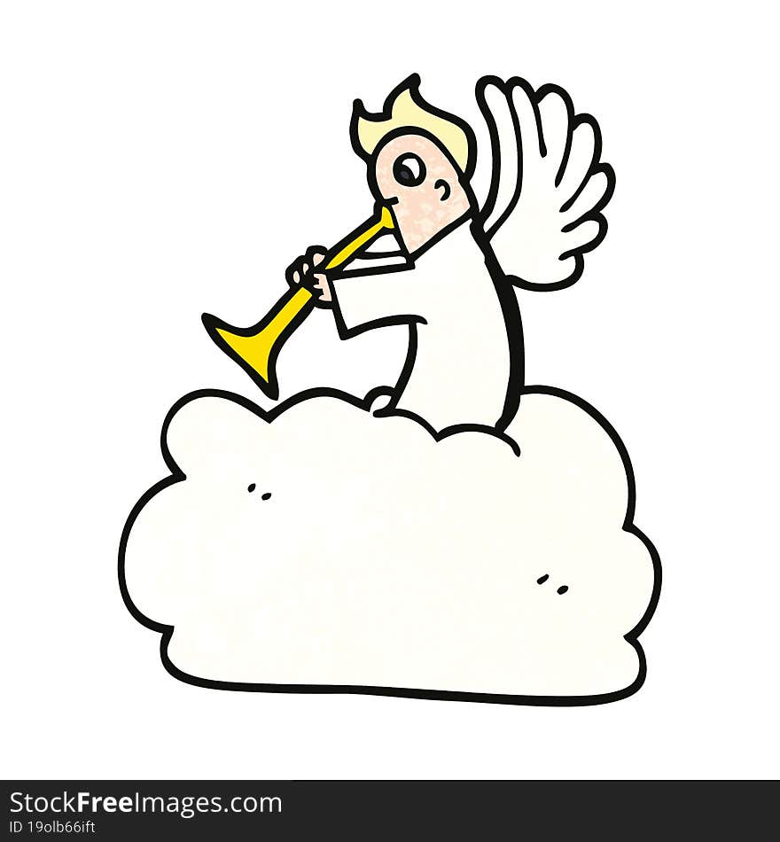 cartoon doodle angel on cloud with trumpet