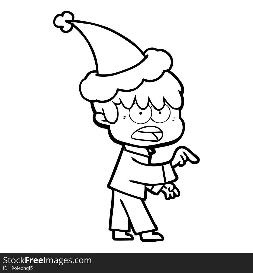 worried line drawing of a boy wearing santa hat